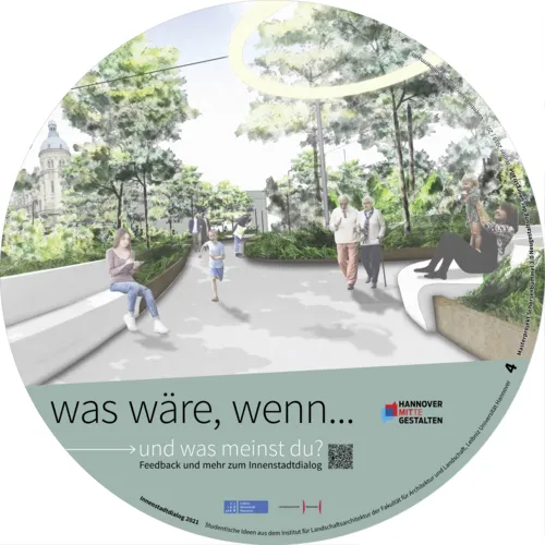 Visualisierung, die Menschen auf einem Platz zeigt.